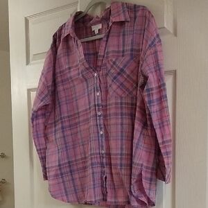 Pink and Blue Plaid Button-Up Shirt